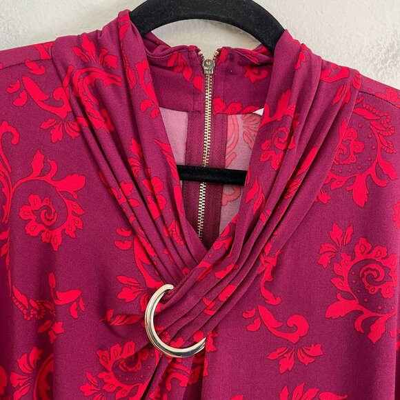Liz Claiborne Womens Plus 2X Red Purple Floral Long Sleeve Top Gold Ring Accent - Picture 8 of 10